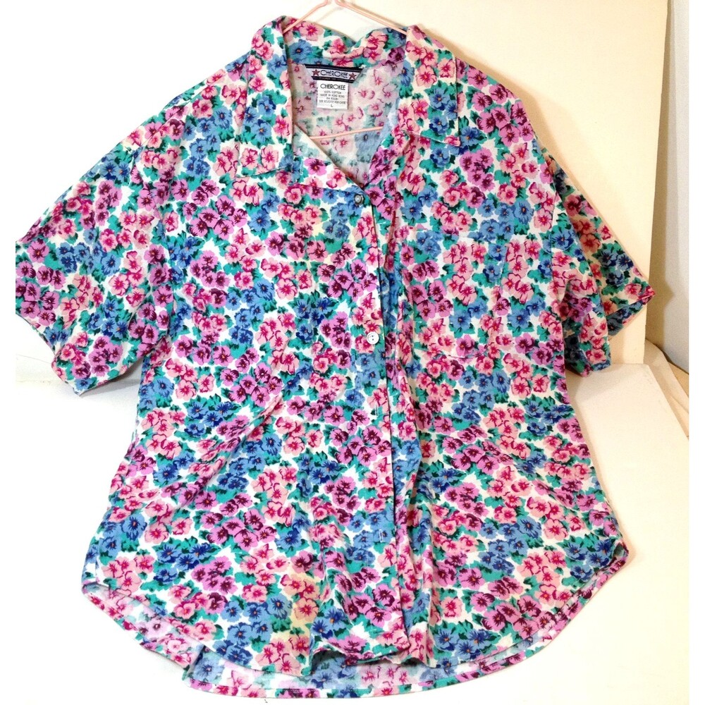 Vintage Cherokee Womens Button Up Shirt Size L Soft Floral Print w/Pocket